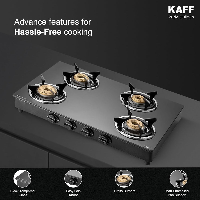 KAFF CTC 69 4B Gas Stove/Cooktop 4 Burners with Manual Ignition 69 CM, High Efficiency Brass Burners, Black Tempered Glass, Enamelled Pan Support (Black)