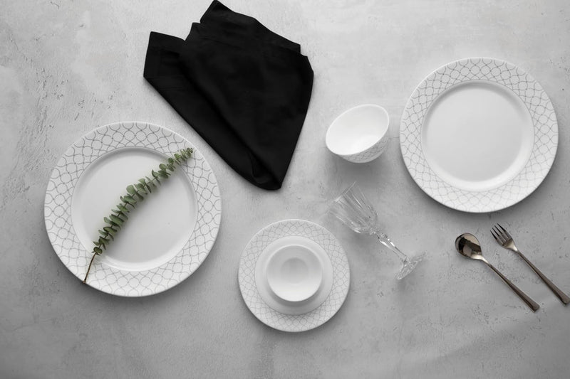 La Opala Diva Velvett Collection Opal Glass Crockery | for Family of 8 | Dinner Set 62 pcs Pearl Grey | Plates & Bowls for Dining | Microwave Safe | 100% Vegetarian | Extra Strong | Light & White
