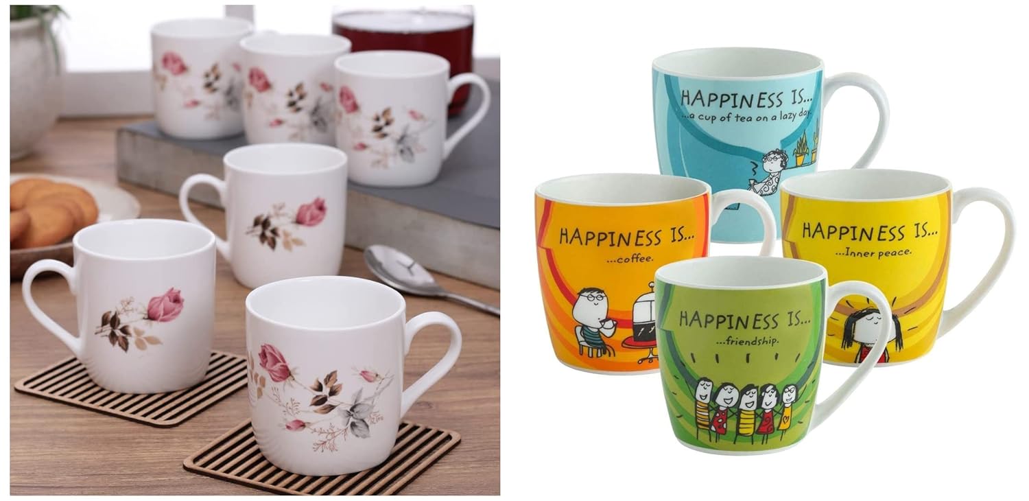 Clay Craft Ceramic Coffee Mugs - Set of 4, Multicolour, 220ml & Ceramic Coffee Cup - Set of 6, Multicolor, 200ml