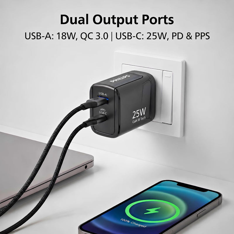 Philips DLP4321NB/94 Gen III Tech 25W Fast Charging Wall Charger (Slate Black)