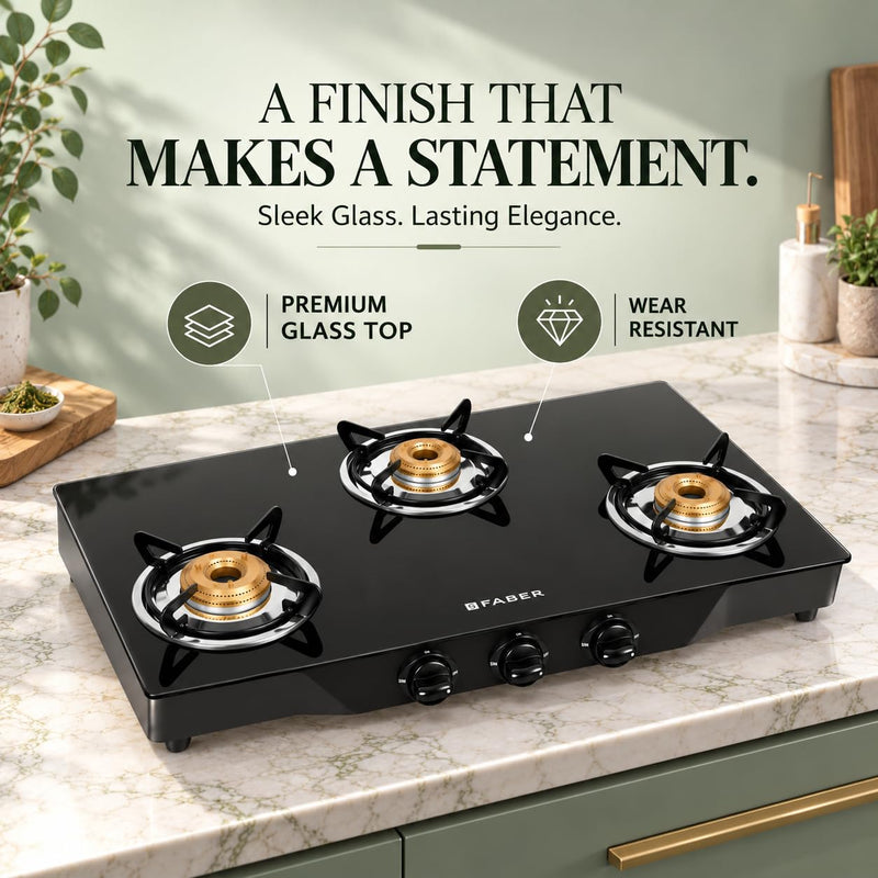 Faber Jumbo 3 Brass Burner Cooktop | 1 Jumbo, 1 Medium, 1 Small | Drip Tray | Toughened Glass | Manual Ignition | Ergono