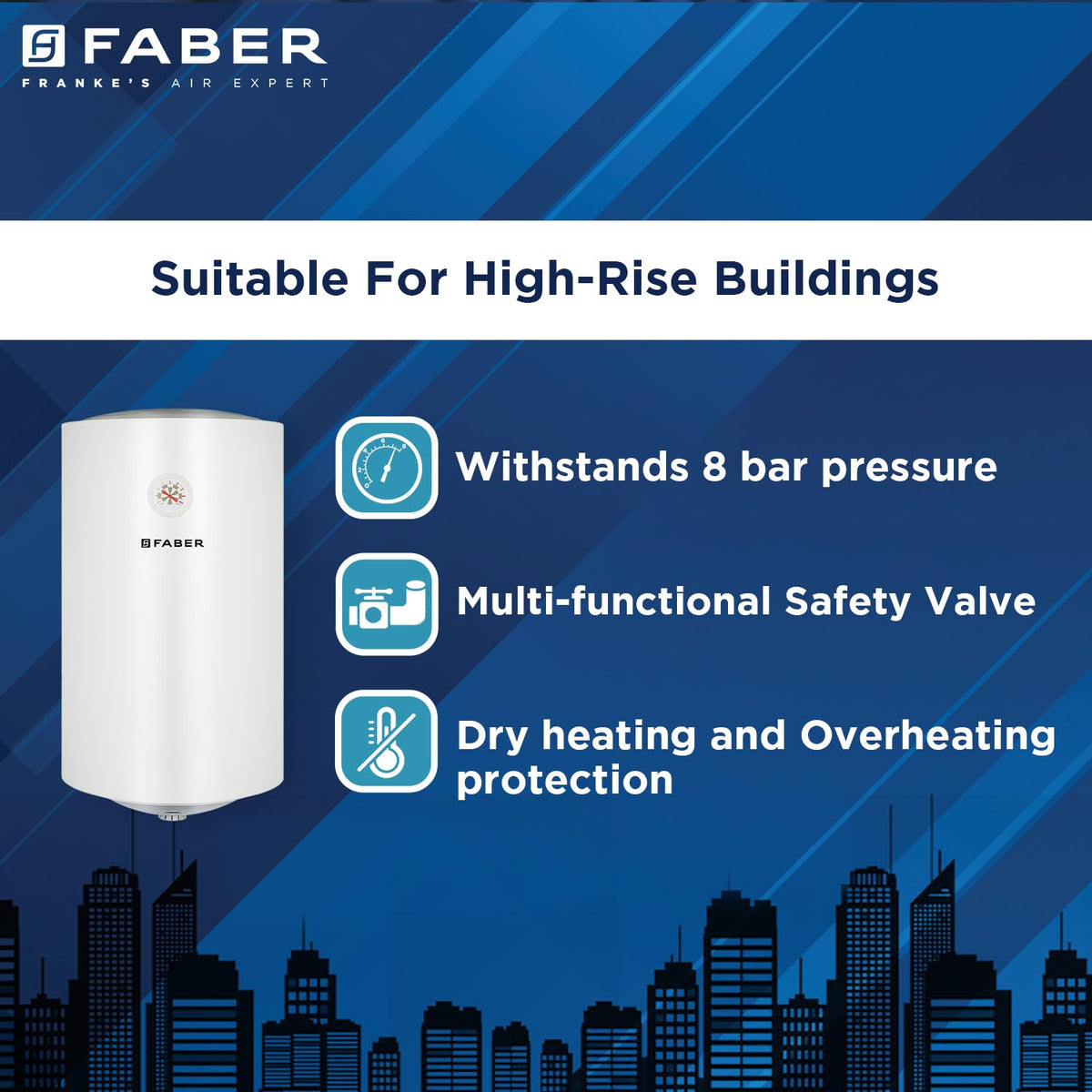 Faber Jazz Elite 35L Vertical Storage Water Geyser | Heating Indicator, 8 Bar Pressure, Titanium Glassline Coated Tank, 