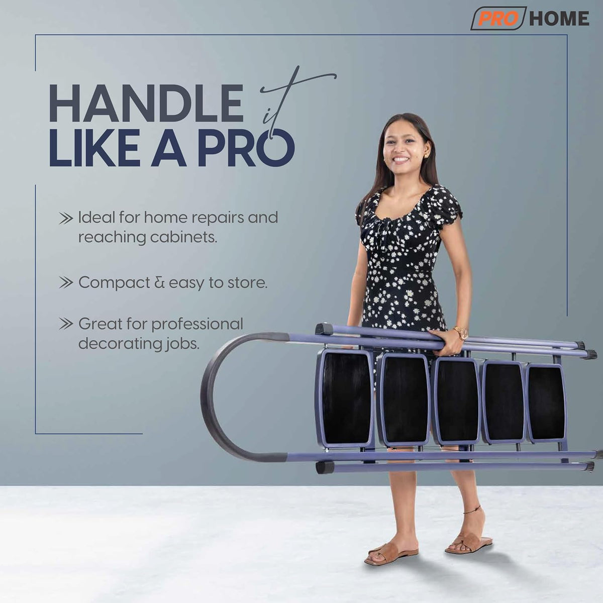 PROHOME Steel Ladder for Home 5 Steps Foldable with Anti-Skid Wide Steps (30cm x 20cm) | 5 Step Ladder for Home Use with D-Shape Rods | Secure Lock | 170 Kg Capacity Folding Ladder | 5 Year Warranty