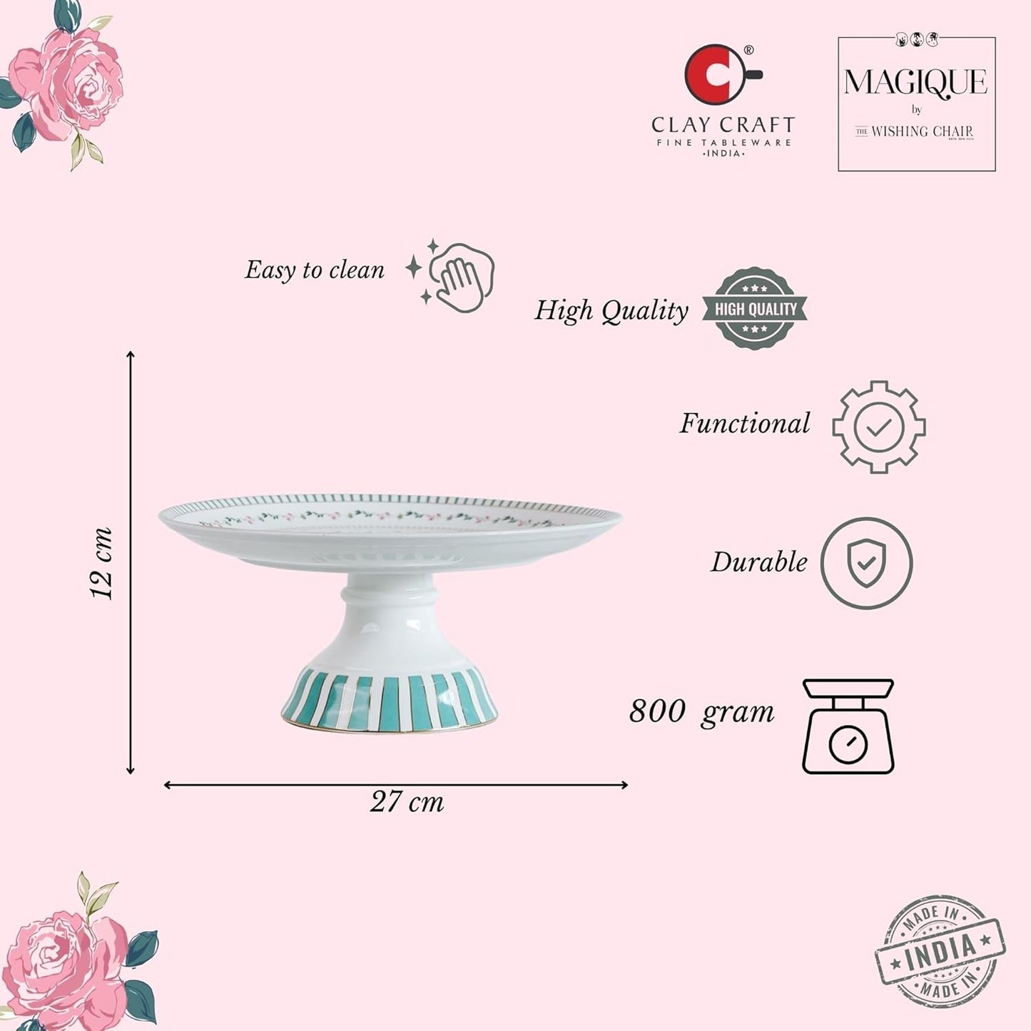 Magique by The Wishing Chair x ClayCraft : Portrait of a Rose Ceramic Cake Stand | 10 Inch Floral Pedestal for Cakes Cupcakes Desserts | Elegant Serving Stand for Parties Weddings Home