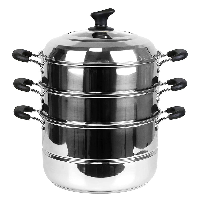 Non Electric Momos Steamer Cookware 3 Tier with Lid Induction Base/Gas Burner Momo maker, Pasta Steamer, Vegetable Steamer, Momo Steamers, Rice Steamer 32 cm
