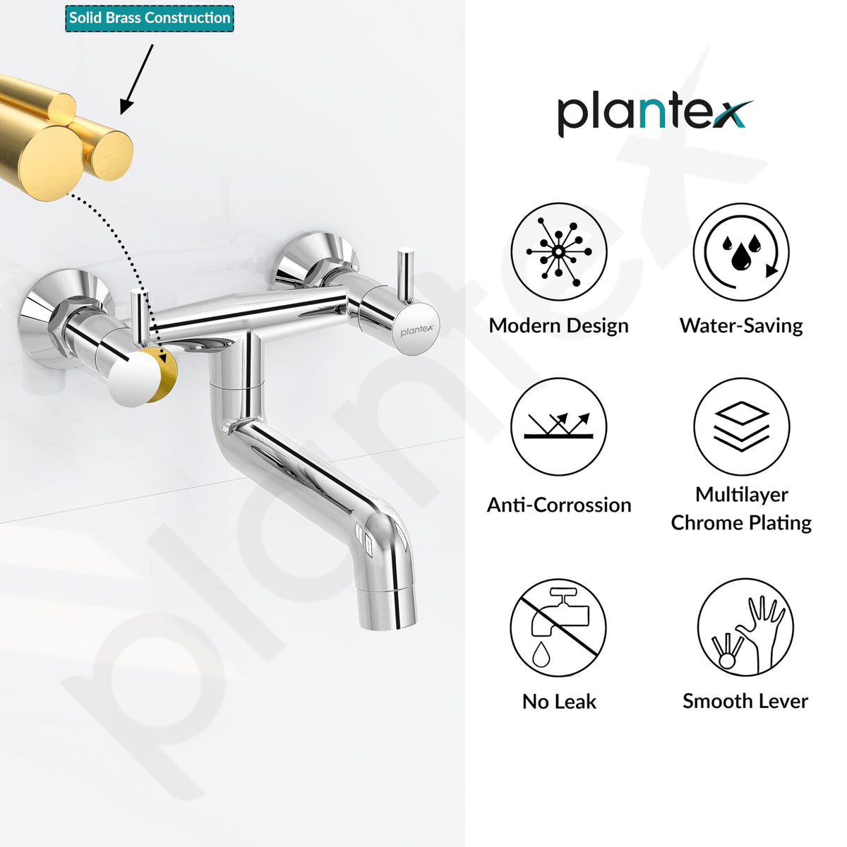 Plantex Pure Brass ICO-916 Non Telephonic Wall Mixer with Water Saving Technology Tap/Mixer Tap for Bathroom with Brass Wall Flange and Teflon Tape-7 Year Warranty (Mirror Chrome)-6