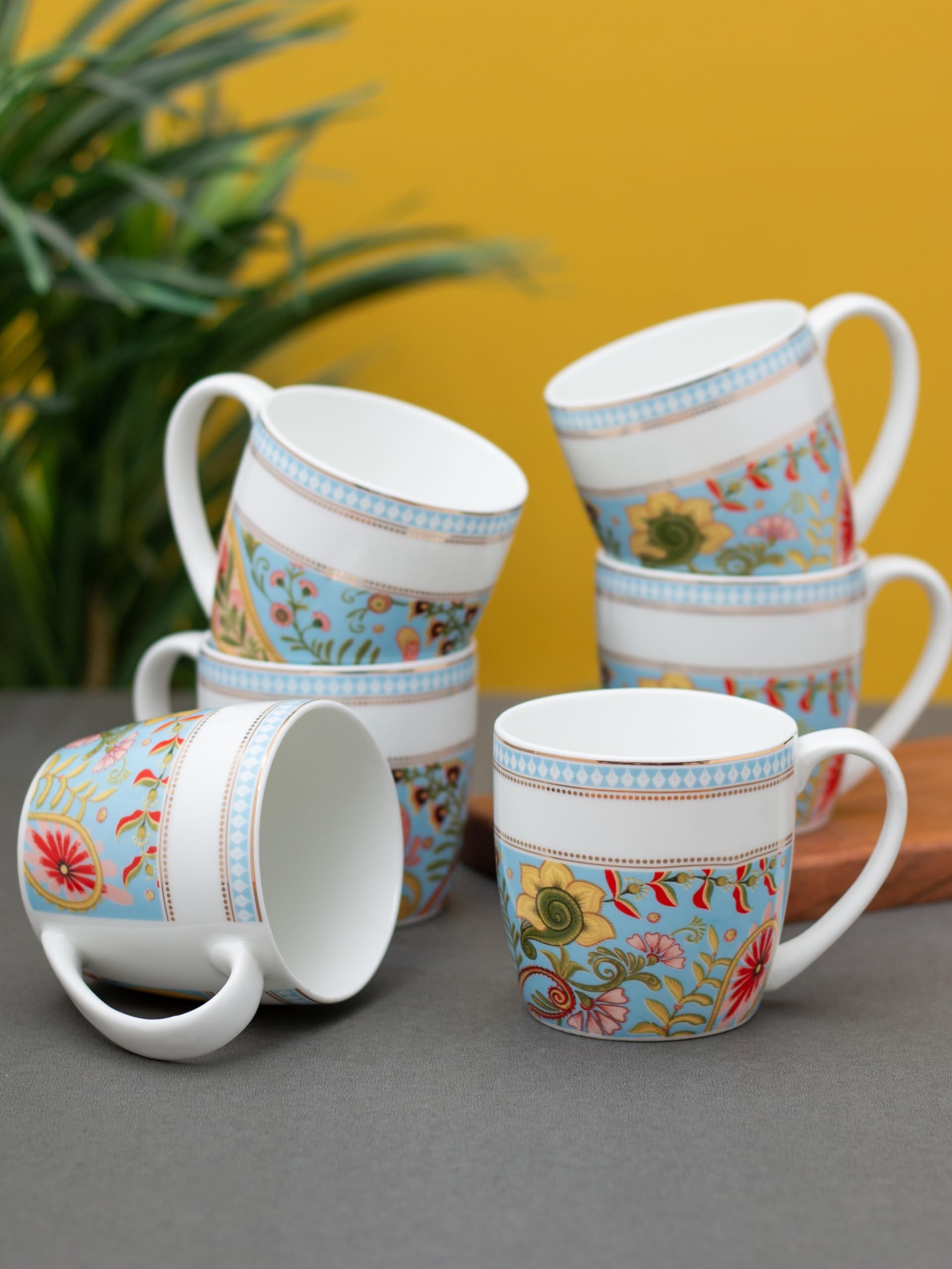 Clay Craft Fine Ceramic Tea/Coffee Cup Set of 6-200 ml Each (Alton Hilton 379), Tea Cup Set of 6, Microwave & Dishwasher Safe, Mugs for Coffee, Cups Set of 6, Mug Set, Gift Set, Ideal for Gifting