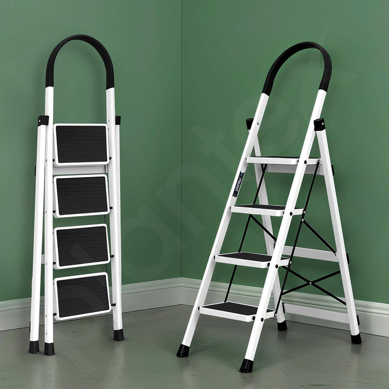 Plantex Ladder for Home 4 Steps/Foldable Ladder with Anti-Skid Wide Steps (30L x 20W cm)/Strong D-Shape Pipe with X-Support for More Stability/5 Year Warranty(Apex-White)