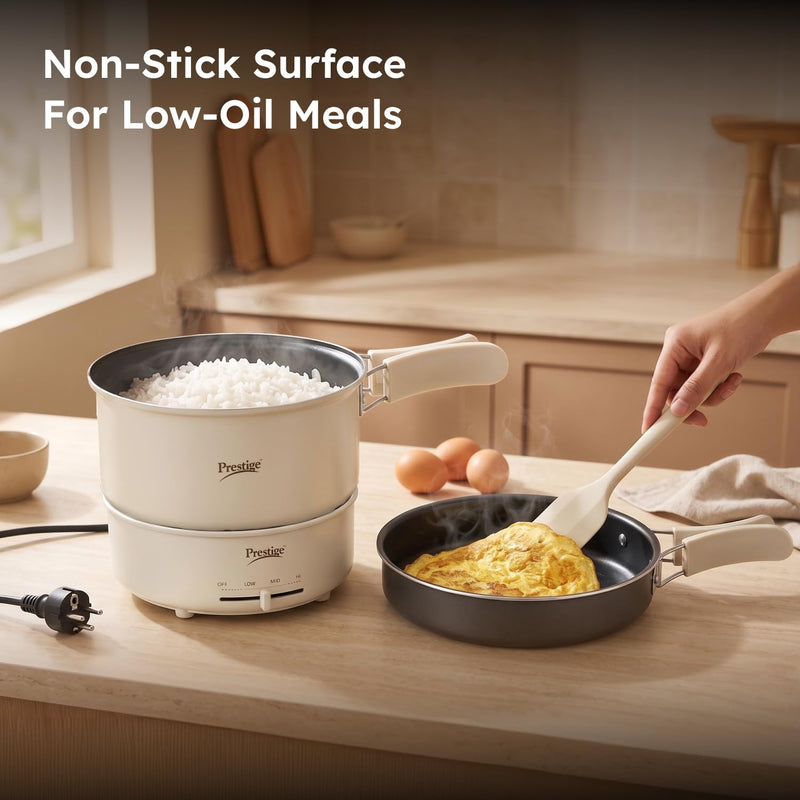 Prestige Electric Omnipot | 1000W Electric Cooking Pan & Fry Pan with Lid | Steam Vent | Temperature Control Slider | Cool-Touch Foldable Handles | Detachable Power Cord | Compact Design | 1Y Warranty