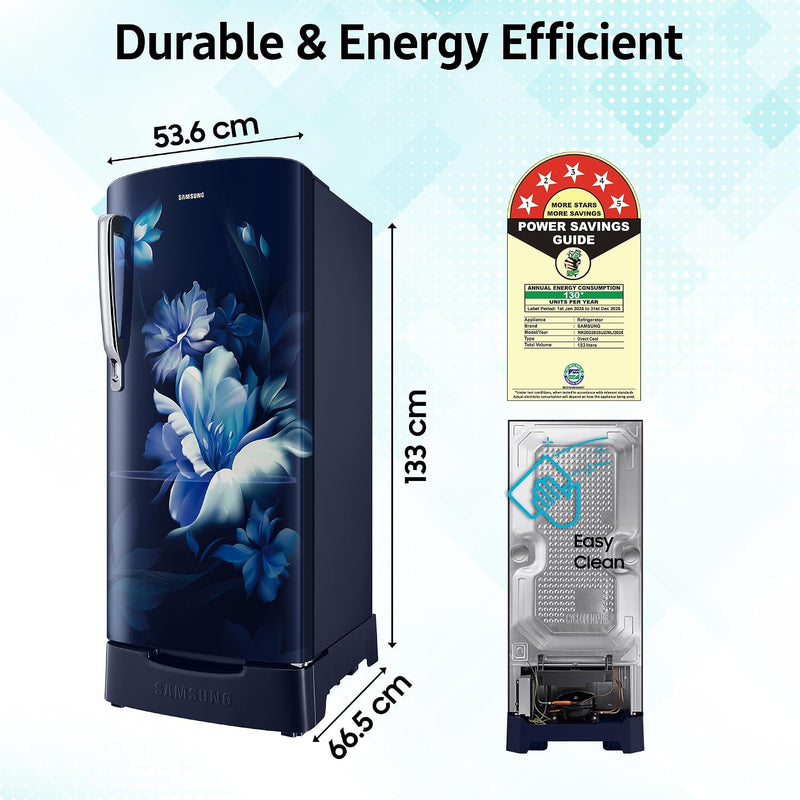 Samsung 183 L, 5 Star, Digital Inverter, Direct-Cool Single Door Refrigerator (RR20D2825UZ/NL, Midnight Blossom Blue, Base Stand Drawer)-2