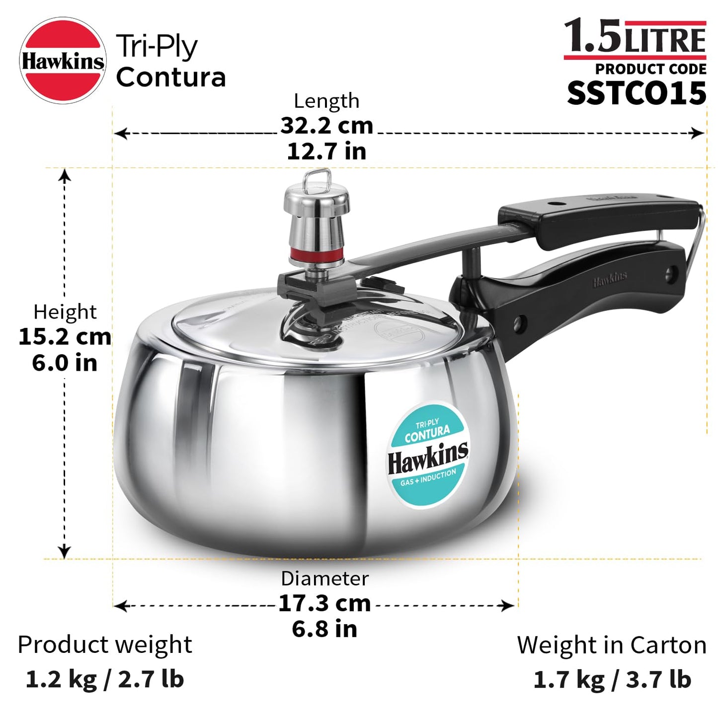 Hawkins 1.5 Litre Triply Contura Induction Pressure Cooker, Triply Stainless Steel, Contura shaped, Silver (SSTCO15)