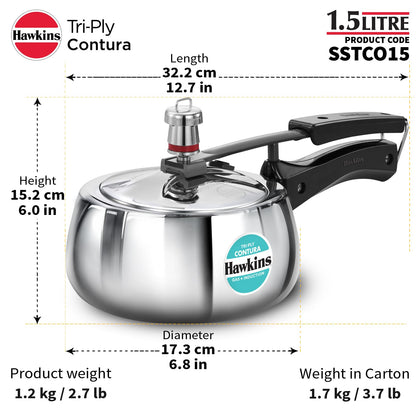 Hawkins 1.5 Litre Triply Contura Induction Pressure Cooker, Triply Stainless Steel, Contura shaped, Silver (SSTCO15)