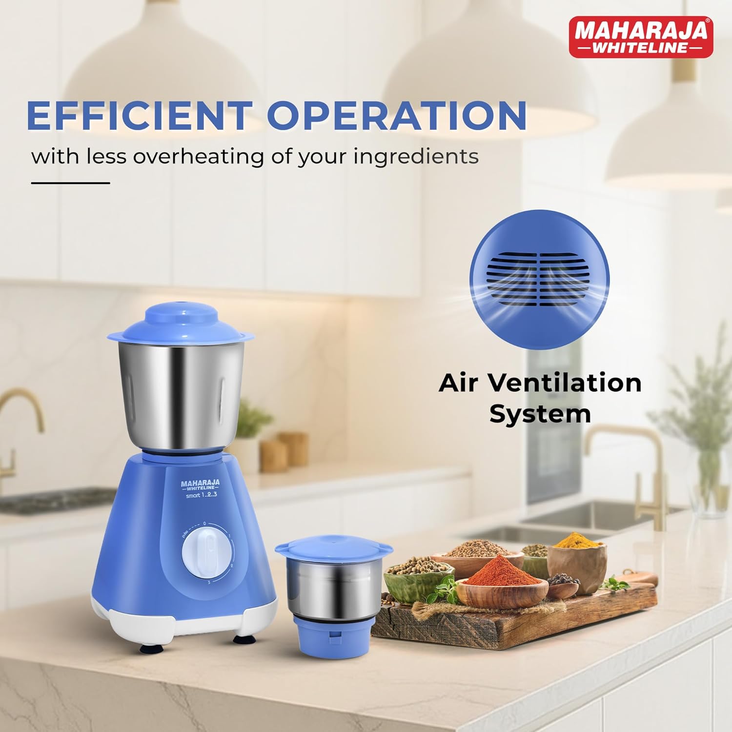 Maharaja Whiteline Smart Mixer Grinder | 500-watt | 20000 RPM Motor Speed | Air Ventilation System | Stainless-Steel Jars & Blades | Unique Jar Flow Breakers | 2 Year Motor Warranty |Blue
