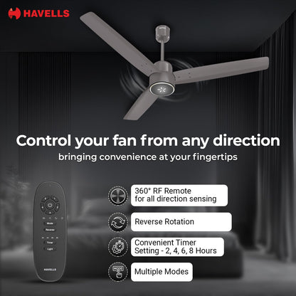Havells FAB BLDC ULED Ceiling Fan 1200mm, 5 star, LED Speed Indicator, 380 RPM, Up to 65% Savings,Reverse Rotation,4 Speed Modes,Low Wattage 30W, Low Noise,Air Flow:225 CMM, 3 Year Warranty,Stone Grey