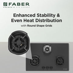 Faber Della 3 Burner 78cm Hob With Auto-Ignition, Brass Burner, Cast Iron Pan Support, Cooktop Hybrid, Matt Black Glass 