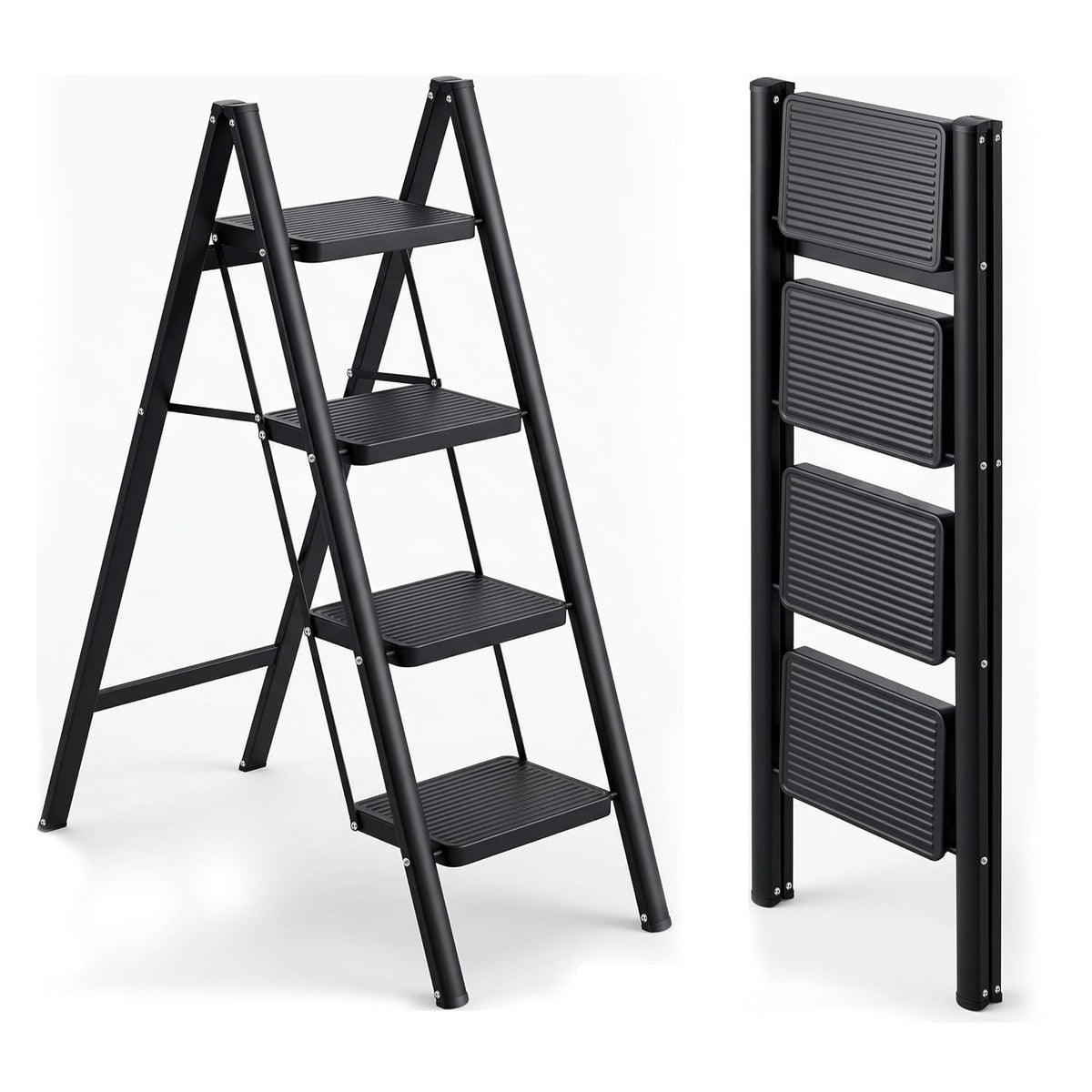 Corvids 4-Step Heavy-Duty Carbon Steel Step Stool, 2-Year Warranty, Anti-Slip Wide Steps, Portable Multipurpose Folding Step Ladder for Home, Kitchen & Office Use (Black)