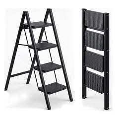 Corvids 4-Step Heavy-Duty Carbon Steel Step Stool, 2-Year Warranty, Anti-Slip Wide Steps, Portable Multipurpose Folding Step Ladder for Home, Kitchen & Office Use (Black)