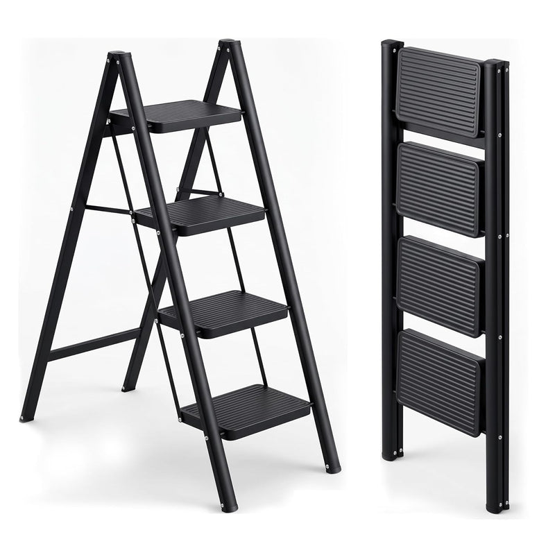 Corvids 4-Step Heavy-Duty Carbon Steel Step Stool, 2-Year Warranty, Anti-Slip Wide Steps, Portable Multipurpose Folding Step Ladder for Home, Kitchen & Office Use (Black)