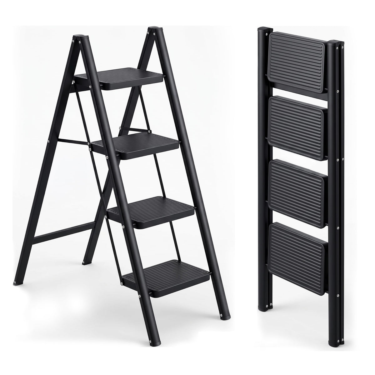 Corvids 2-Step Heavy-Duty Carbon Steel Step Stool, 2-Year Warranty, Anti-Slip Wide Steps, Portable Multipurpose Folding Step Ladder for Home, Kitchen & Office Use (Black)