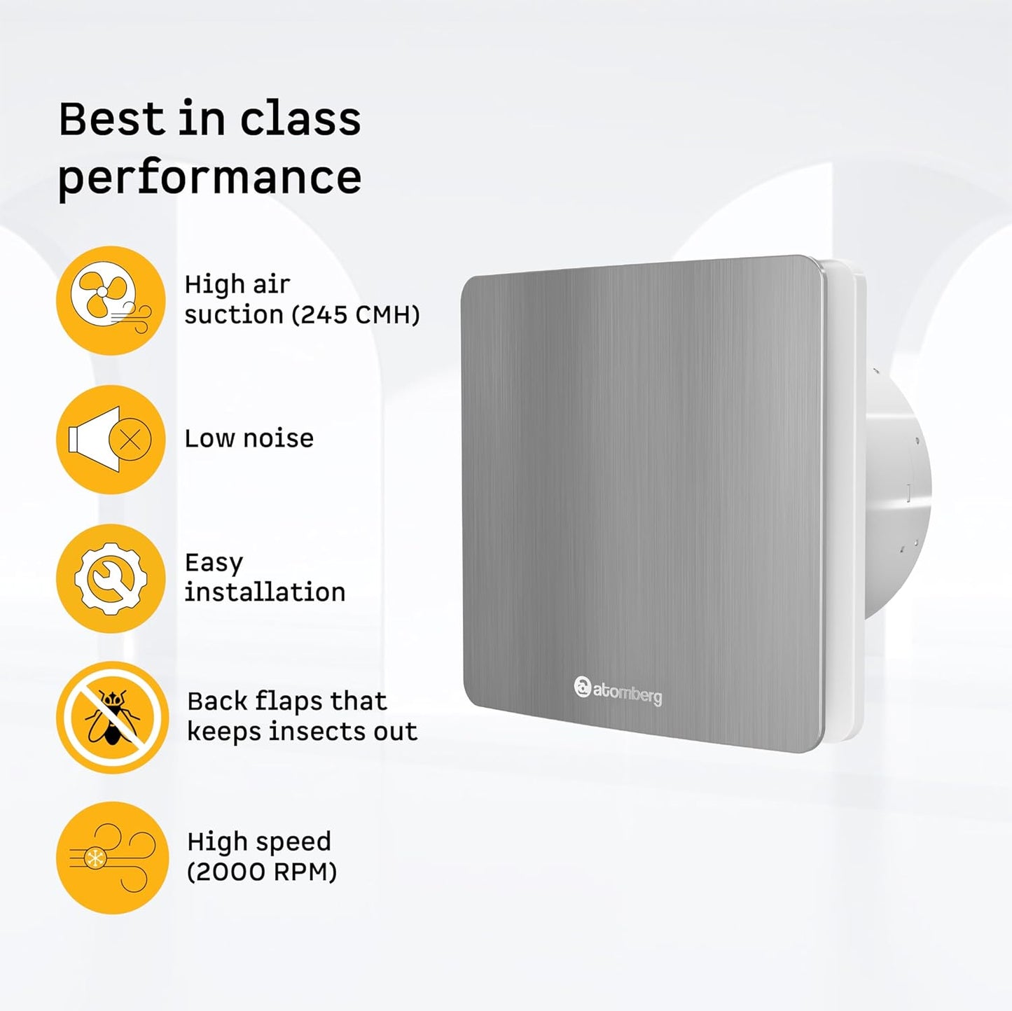 atomberg Studio Exhaust Fan 150mm (6 Inches) | BLDC Motor | 6.8W| Low Noise | 2000 RPM| Ideal for Bathroom,Kitchen | Easy to Clean | Installation-Round Cut (153mm) | 2 Years Warranty (Brushed Steel)