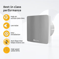 atomberg Studio Exhaust Fan 150mm (6 Inches) | BLDC Motor | 6.8W| Low Noise | 2000 RPM| Ideal for Bathroom,Kitchen | Easy to Clean | Installation-Round Cut (153mm) | 2 Years Warranty (Brushed Steel)