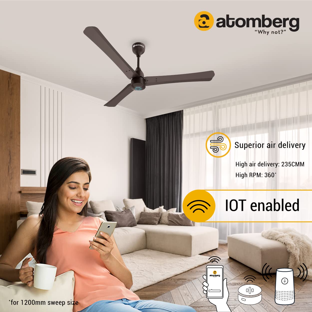 atomberg Renesa Smart + 1200mm BLDC Ceiling Fan with IoT & Remote | Energy Efficient Ceiling Fan | Ceiling fan for Living Room | High Air Delivery with LED Indicators (Earth Brown)