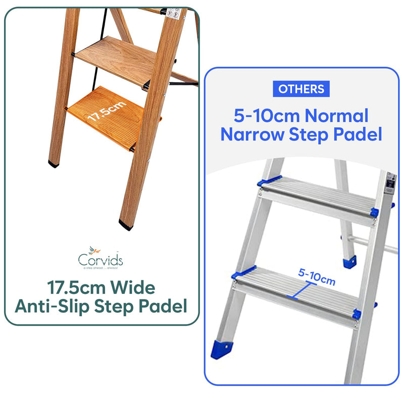 Corvids 2-Steps Premium Folding Step Stool | 2-Year Warranty | Wide Anti-Slip Pedal, Portable Lightweight Aluminum Step Ladder for Home and Office Use (Teak)