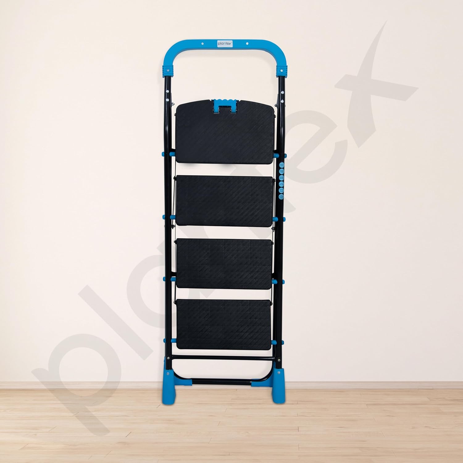 Plantex Stylo Heavy-Duty Mild-Steel Folding 4 Step Ladder for Home with Advanced Locking System/Wide Anti-Skid Step Ladder (Black & Blue)