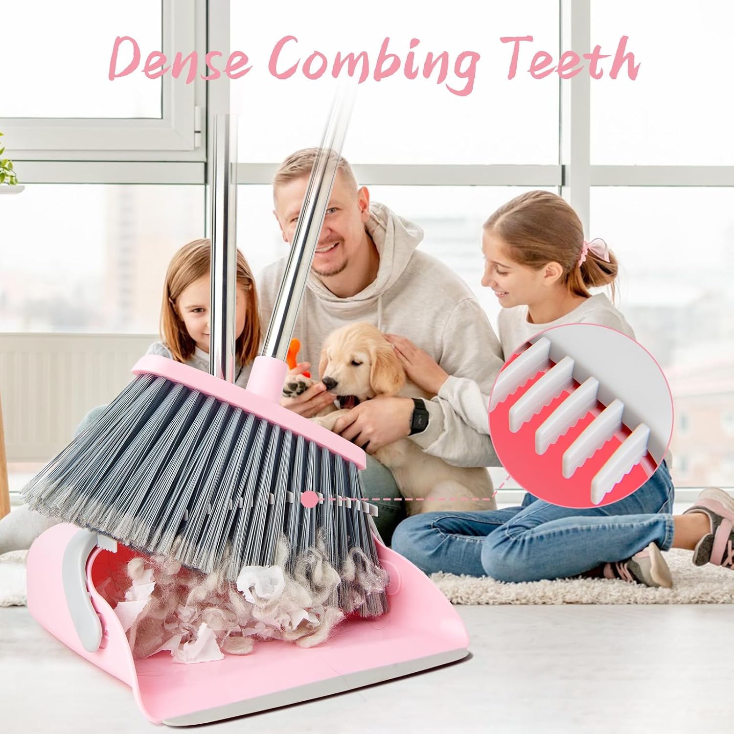 Broom and Dustpan Set, Efficient Floor Cleaning with Broom, Long Handle and Standing Dustpan with Comb Teeth, Adjustable Handle for Home Kitchen Office Lobby(Gray Pink)