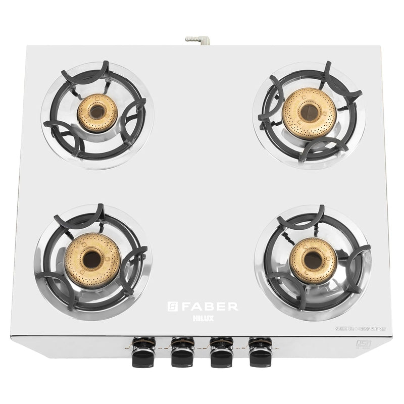 Faber high efficiency 4 Brass Burner with stainless steel top, ISI Certified gas stove, Manual Ignition,For LPG use only