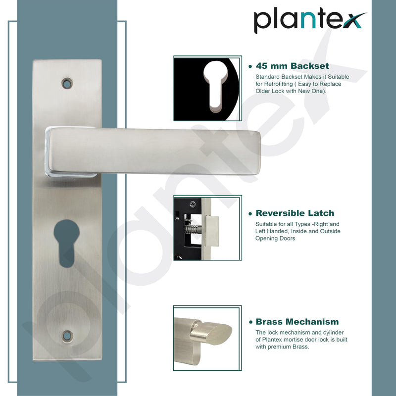 Plantex Heavy-Duty Door Lock Set - Main Door Lock Handle Set/Mortise Lock with 3 Keys, Brass Lock Body & Cylinder (8116 - Steel Satin & Chrome)-6