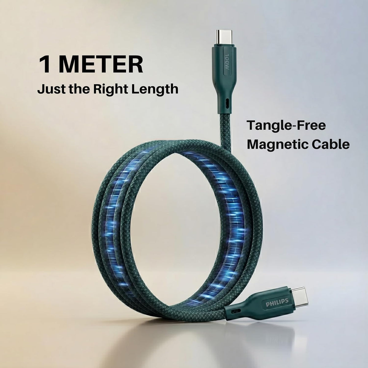 Philips DLC7130CT 100W Magnetic Type-C to Type-C Fast Charging Cable (1m, Crystal Teal)