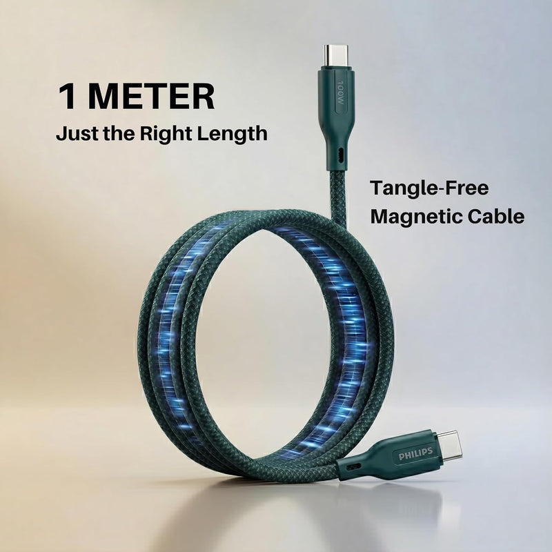 Philips DLC7130CT 100W Magnetic Type-C to Type-C Fast Charging Cable (1m, Crystal Teal)