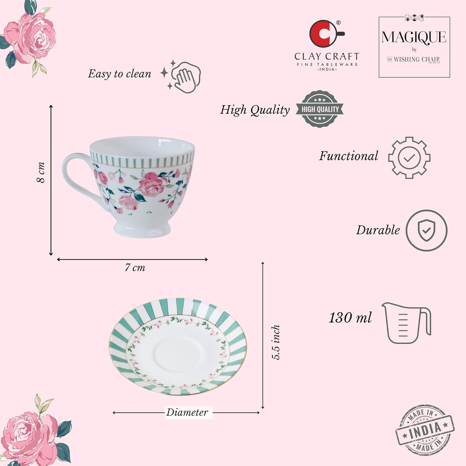 Magique by The Wishing Chair x ClayCraft : Portrait of a Rose Tea Cups & Saucers Set of 6 | 180 ml Fine Ceramic Floral Cups | Elegant Glossy Finish | Ideal for Gifting & Home Use