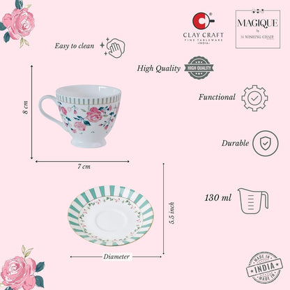 Magique by The Wishing Chair x ClayCraft : Portrait of a Rose Tea Cups & Saucers Set of 6 | 180 ml Fine Ceramic Floral Cups | Elegant Glossy Finish | Ideal for Gifting & Home Use
