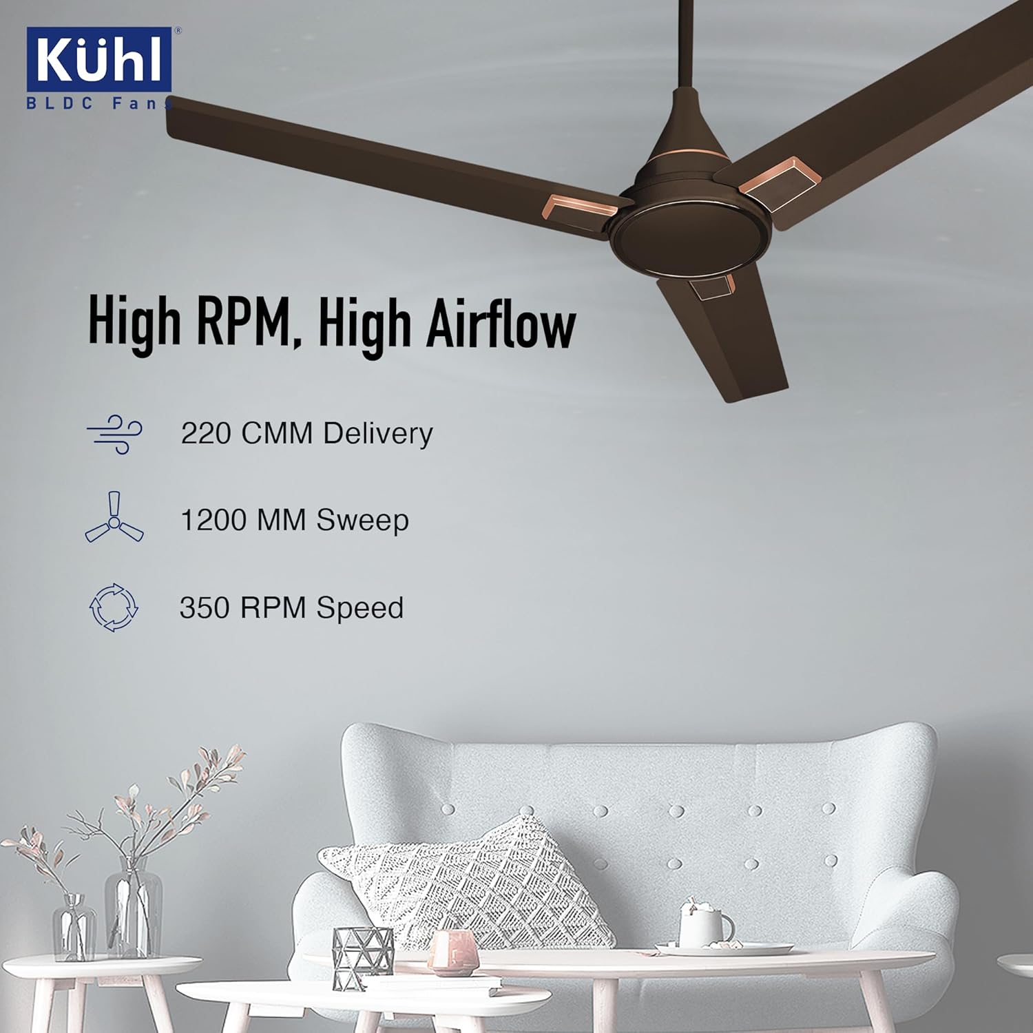 KUHL Prima A5 1200mm BLDC Ceiling Fan with Remote | 5-Star Rated | High Airflow | Saves up to 65% Electricity | 5-Year Warranty | Espresso