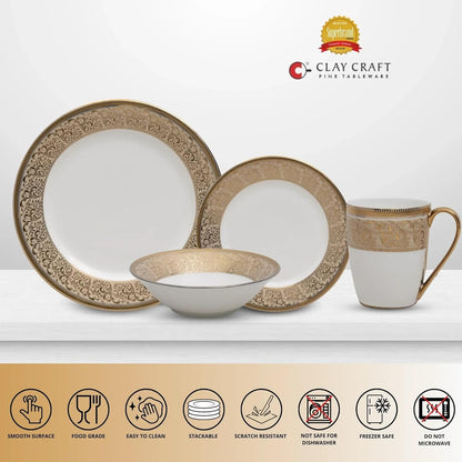 Clay Craft Fine Ceramic Ebony Dinner Set, Enchanting Gold, for Family of 4, Dinner Set Ceramic, Crockery Set, Dining Set for Dinner, Crockery Set for Gift, Kitchen Set (16 Pieces, E646)