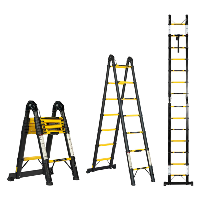 Corvids 4.4m (14.5 ft) Folding Carbon Steel Telescopic Ladder, 2-Year Warranty, 15-Step Heavy Duty Extension Ladder, Q195 Rustproof Alloy Steel, Portable & Collapsible Ladder for Home & Outdoor use