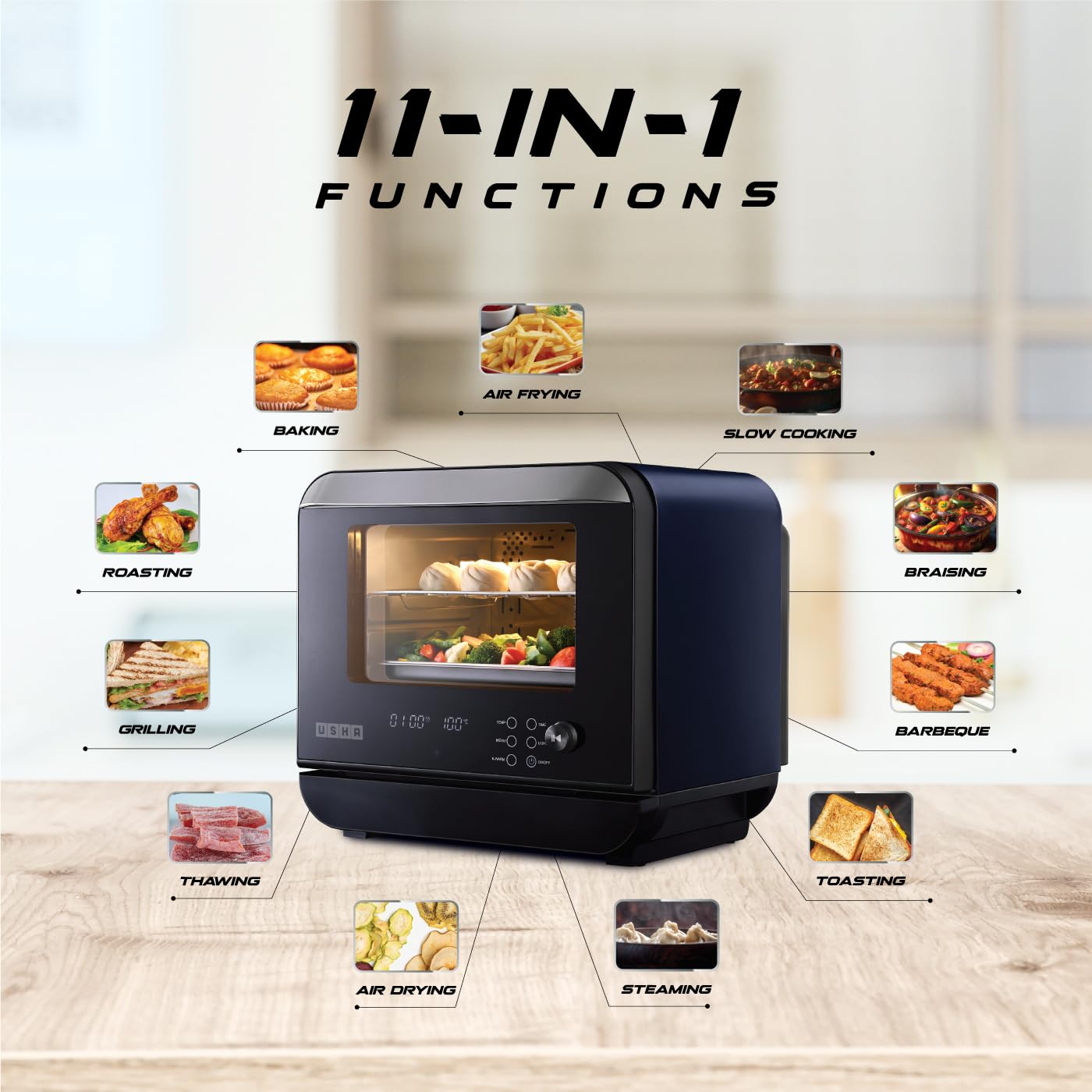 Usha iChef Steam Oven | Air Fryer | Steamer | 39 Pre-set Menus | 11 in-1 Functions | 3 Level cooking | Turbo Air Circulation|1000 W Heating element and 800 W 3D Steam & 18L(Blue)|100% Copper Motor|