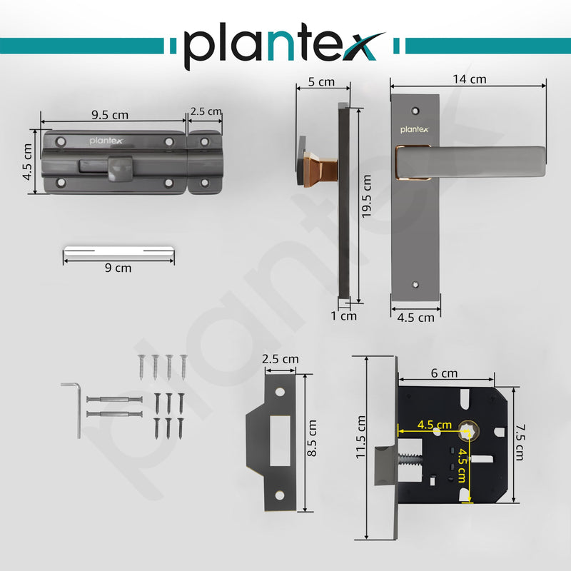 Plantex Heavy Duty Door Lock “ Bathroom Door Lock/Mortise 8inch Keyless Plate Handle Set for Home/Bathroom/Store Room/Balcony/Office with Baby Latch (8116, Satin Black & PVD Choco)-3