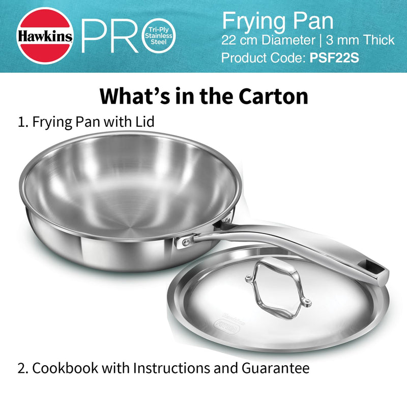 Hawkins Pro 22 cm Frying Pan, Triply Stainless Steel Fry Pan with Stainless Steel Handle and Stainless Steel Lid, Silver (PSF22S)