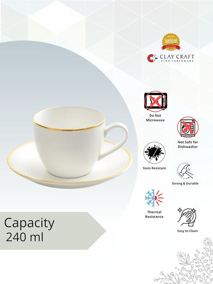 Clay Craft Fine Ceramic Premium Gold Line Printed Cup and Saucer Set of 12 | Capicity 240 ml Each