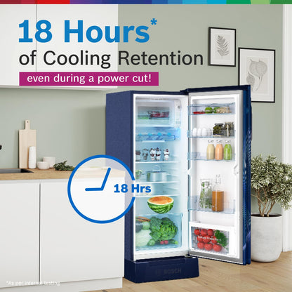 Bosch 226 L, 4 Star, Single Door Direct Cool Refrigerator with Pedestal Storage (CST22U14PI, 2.5X Faster Cooling, Cool Bottle Zone, 18 Hour Cooling Retention, Dark Lake)