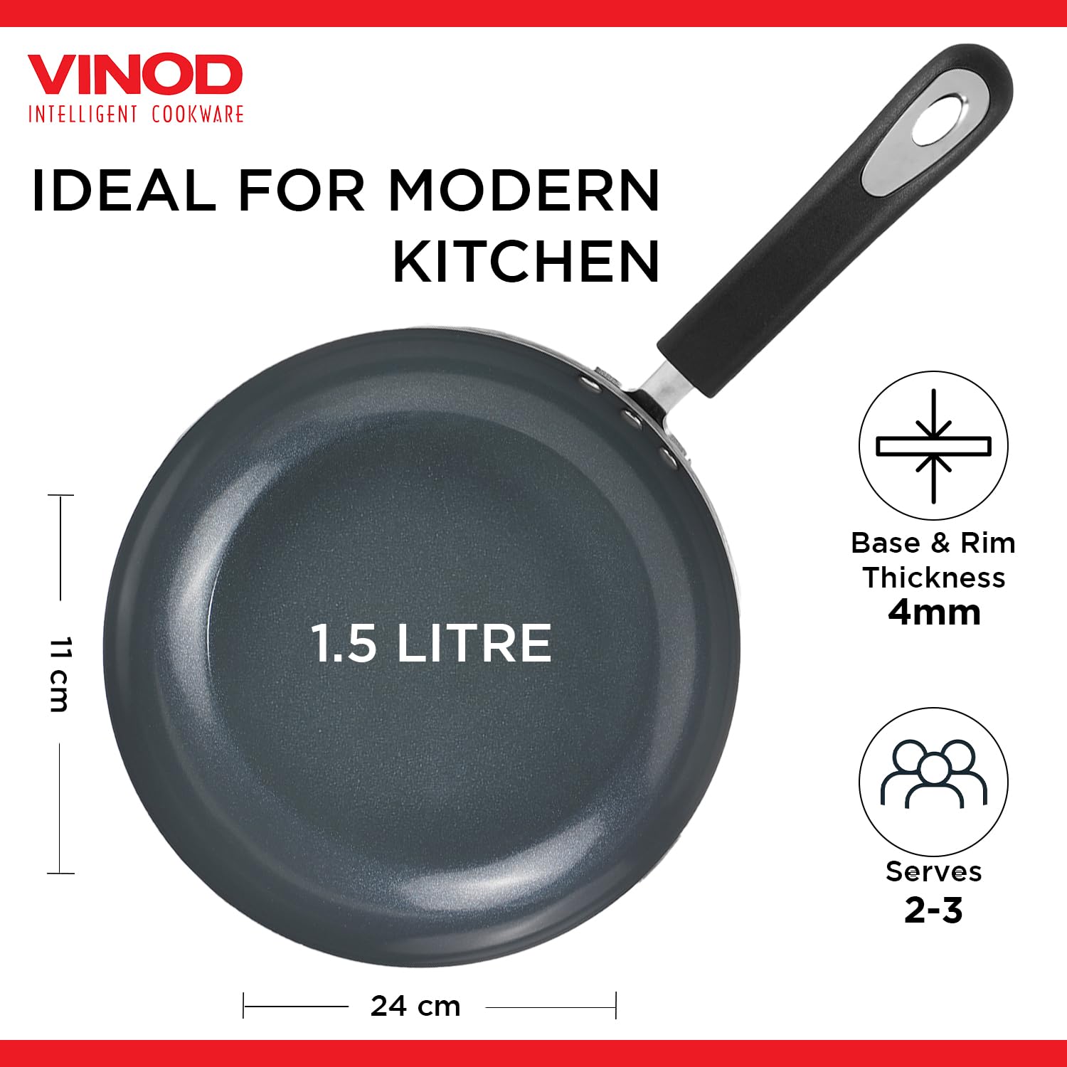 Vinod Zest Ceramica Frypan - 24 cm | Natural Stick Free Deep Pan | Stylish Handle | Toxin Free | Induction and Gas Base | Scratch Resistant | 2 Year Warranty - Black