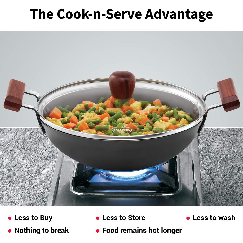 Hawkins Futura 2.5 Litre Fish Fry Kadhai, Hard Anodised Deep Fry Pan with Glass Lid, Round Bottom Kadai, Black (AFFK25G)