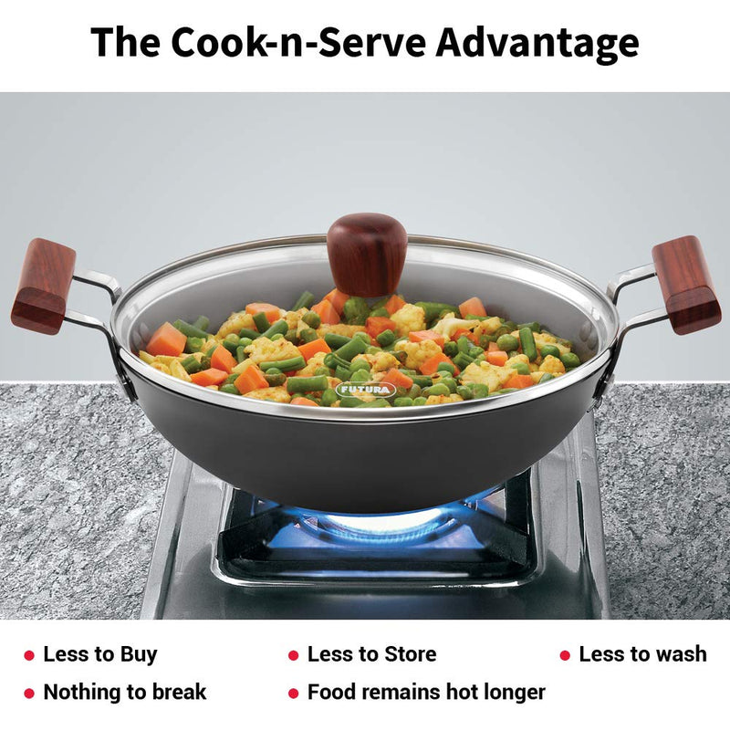 Hawkins Futura 2.5 Litre Fish Fry Kadhai, Hard Anodised Deep Fry Pan with Glass Lid, Round Bottom Kadai, Black (AFFK25G)