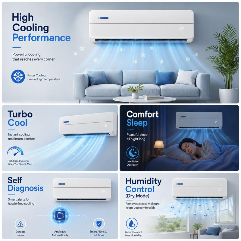 Blue Star 1.5 Ton 2 Star Fixed Speed Split AC (Copper, Multi Sensors, Dust Filter, Smart Ready, Blue Fins, Self Diagnosis, 2026 Model, FB218VXU,)-2