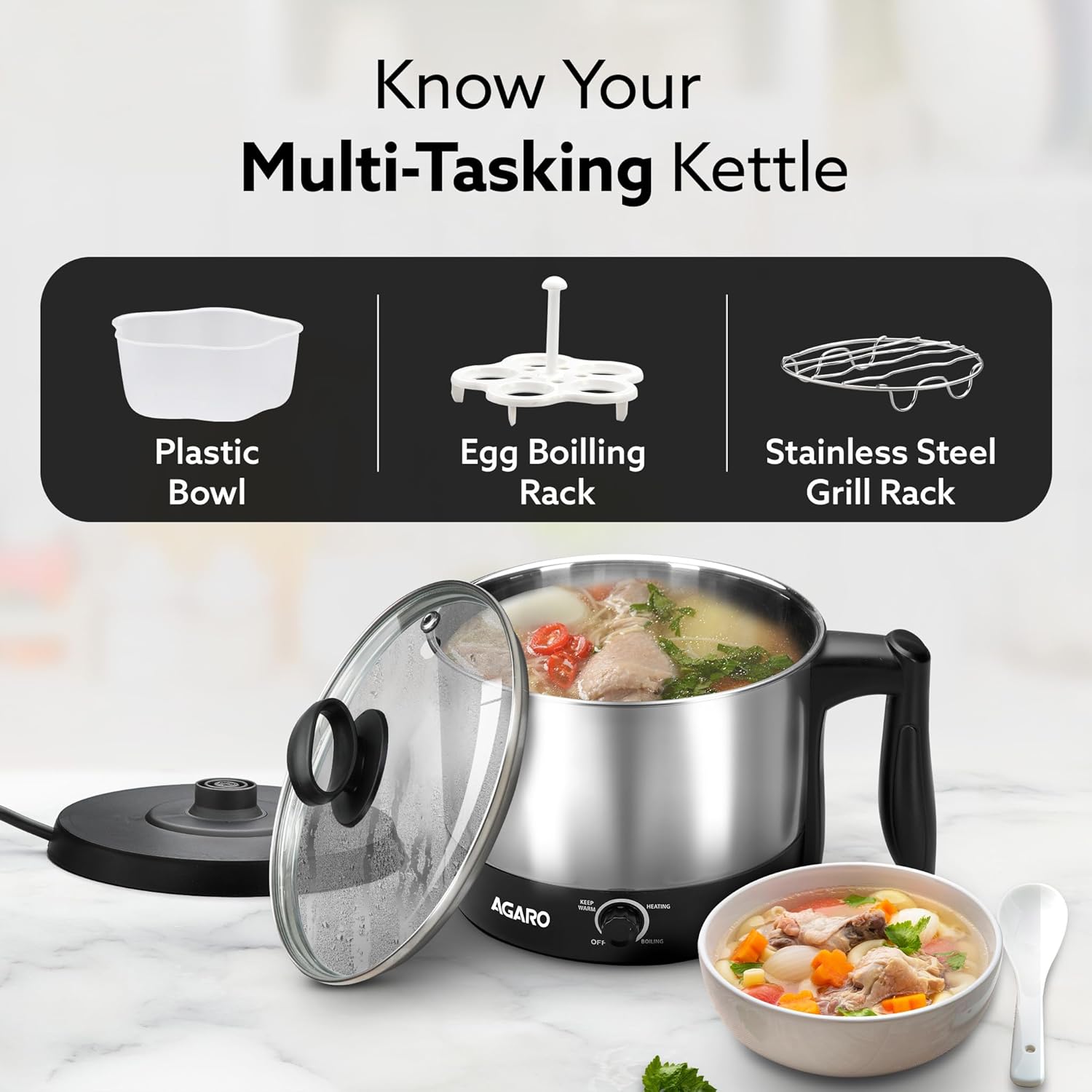 AGARO Esteem Electric Multi Kettle 1.2L, 600W, with Stainless Steel Body, Egg Rack, Grill Rack, 3 Heating Modes & Rapid Boil Technology, Boiling Water, Tea, Coffee, Oats, Noodle, Soup