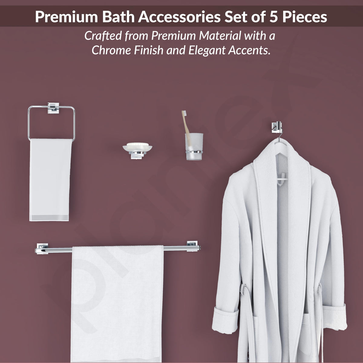 Plantex Stainless Steel Bathroom Set/Soap Holder/Tumbler Holder/Towel Rod/Napkin Holder/Robe Hook/Bathroom Accessories - Set of 5 (Chrome)-2