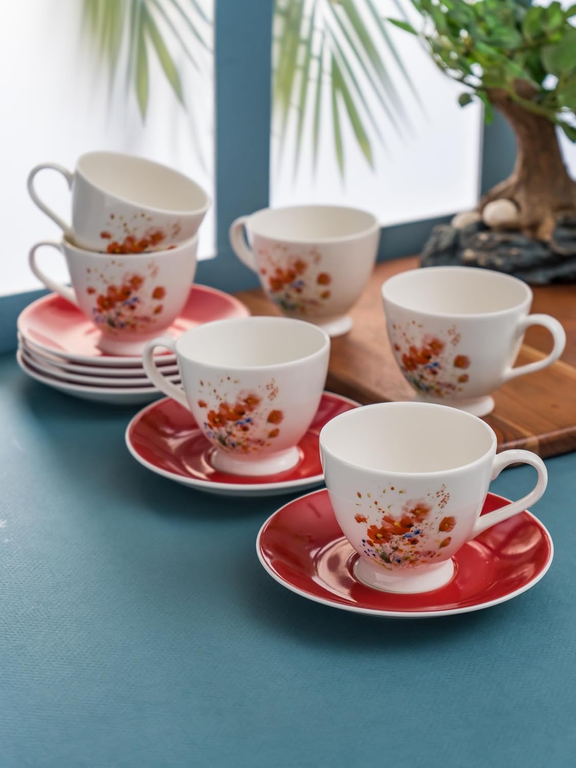 Clay Craft Fine Ceramic King Super Cup & Saucer Set of 12 (6 Cups + 6 Saucers) - 180 ml Each